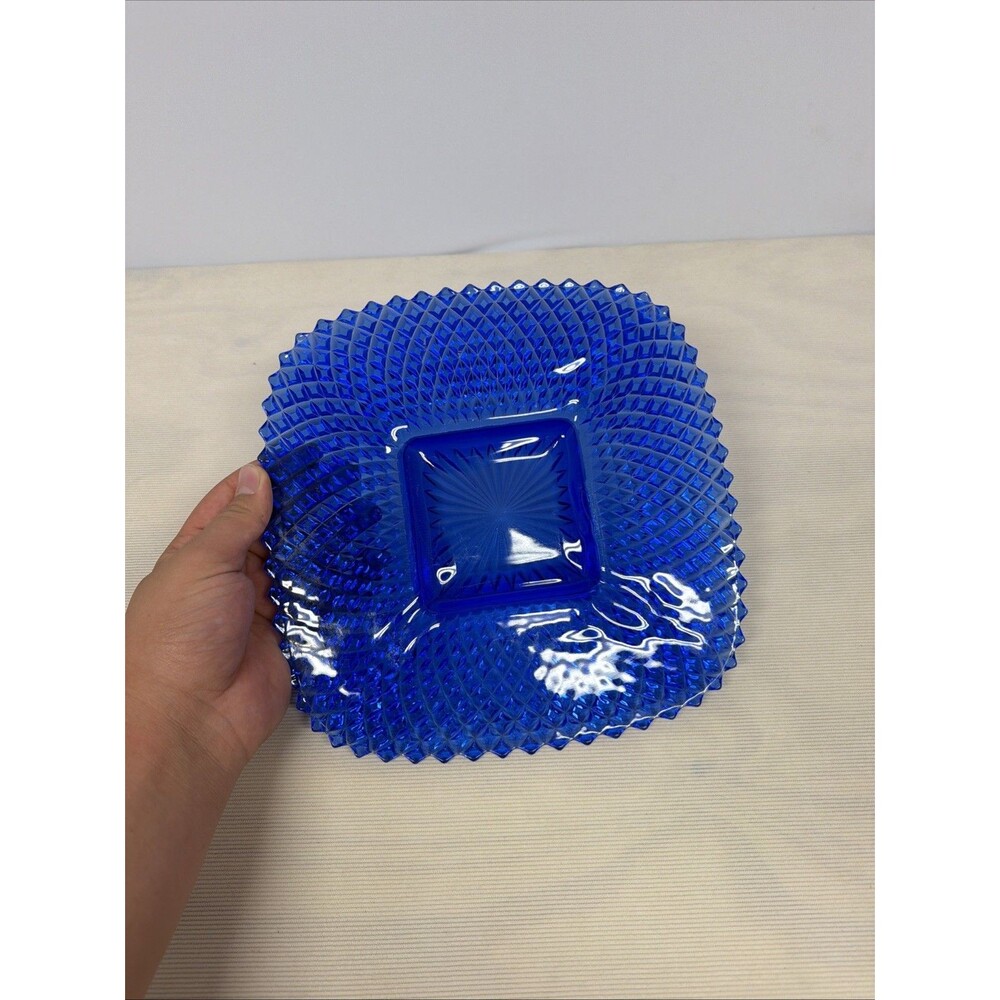 Vintage Blue Glass Square Serving Plate Diamond Point